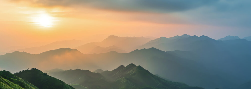 mountain landscape at sunset with fog, AI generated