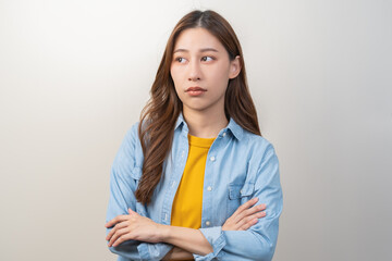 Depressed, distracted asian young woman in casual tired stressed with problem, portrait of brunette...