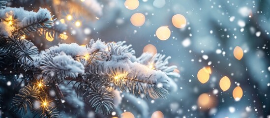 Snow-covered fir branches with garland lights, creating a festive winter scene.