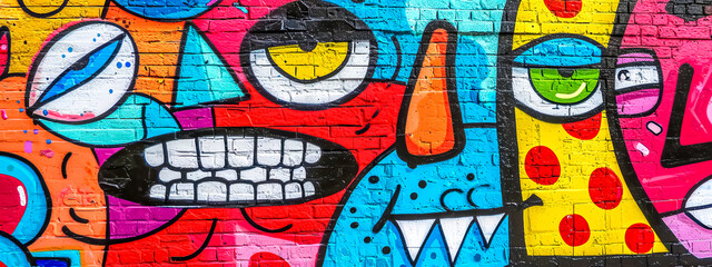 Obraz premium Colorful urban street art featuring cartoonish characters on a brick wall.