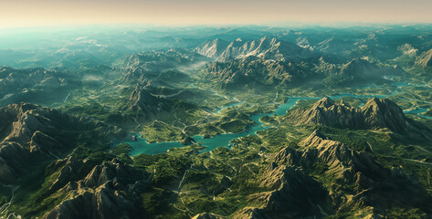 3d rendering of a panoramic view of a mountain landscape, view of the ocean