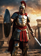 Fototapeta na wymiar Roman male legionary (legionaries) wear helmet with crest, long sword and scutum shield, heavy infantryman, realistic soldier of the army of the Roman Empire, on Rome background. Warrior Gladiator