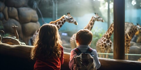 Children gazing at giraffes in a zoo enclosure. wonder and curiosity in their eyes. an educational moment captured. AI