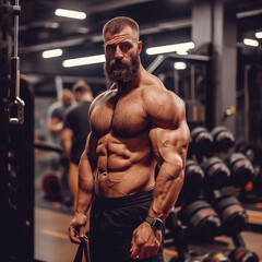 Fototapeta na wymiar Muscular Bodybuilder Posing in Gym