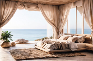 Fototapeta na wymiar Bed with beige bedding against big panoramic window with sea view. Boho interior design of modern bedroom