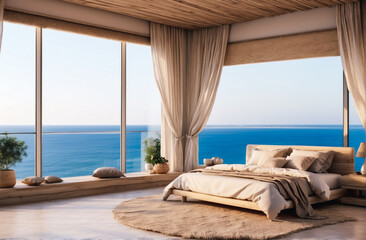 Fototapeta na wymiar Bed with beige bedding against big panoramic window with sea view. Boho interior design of modern bedroom
