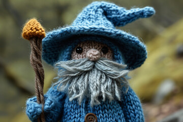 A depiction of a knitted wizard, complete with a pointy hat and a small, magical wand.