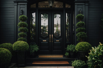 Black front door, front door of a house adorned potted plants. Front door, black front door - obrazy, fototapety, plakaty
