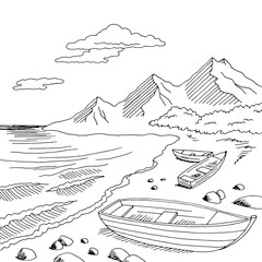 Sea boat graphic black white landscape sketch illustration vector 