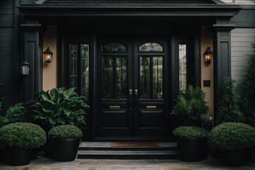 Naklejka premium Black front door, front door of a house adorned potted plants. Front door, black front door
