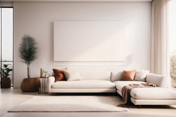 Blank canvas: a minimalistic white wall in a modern home interior. Empty photo frame layout on the wall, 3d interior design