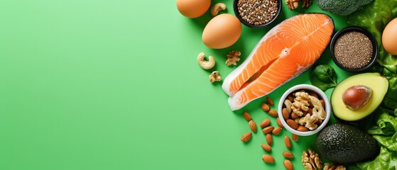 Concept of a ketogenic diet with ingredients like salmon, avocado, eggs, nuts, and seeds, set against a bright green backdrop, top perspective, Ai Generated.