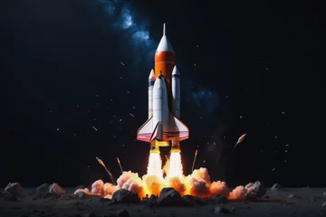 Foto op Plexiglas Digital Blastoff Isolated Toy Rocket Soars in 3D on a Virtual Canvas. flight to the moon in space © Roman