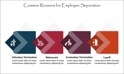 Four common reasons of Employee Separation - Voluntary Termination, Retirement, Involuntary Termination, Layoff. Infographic template with icons
