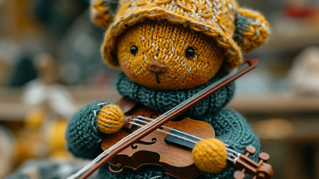 An image of a knitted musician, holding a miniature instrument like a guitar or violin.