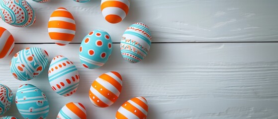 A vibrant collection of colorful orange and blue painted striped Easter eggs, Ai Generated.