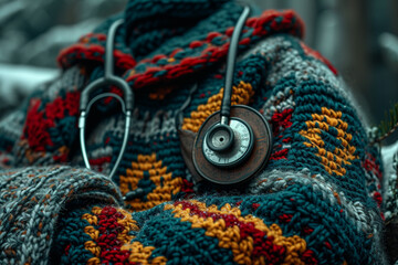 A depiction of a knitted doctor, with a stethoscope and a small doctorвАЩs bag. - obrazy, fototapety, plakaty