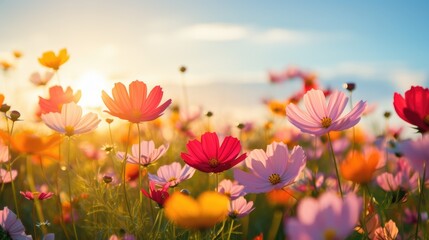 Obraz na płótnie Canvas Flourishing field of yellow, pink, and orange cosmos flowers basking in the sunlight, Ai Generated
