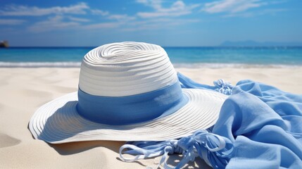 Blue beach towel accompanied by a hat, symbolizing summer relaxation, Ai Generated - obrazy, fototapety, plakaty