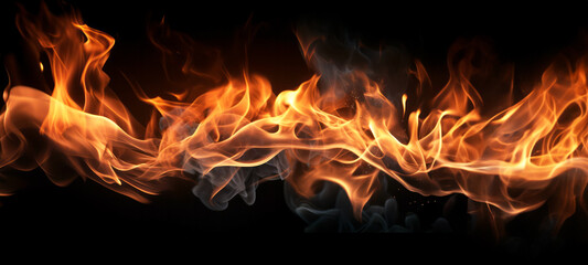 Abstract flames of fire with burning smoke float up black background for display products