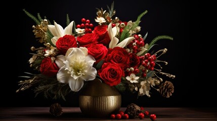 Fototapeta premium A Christmas flower graces a vase against a dark backdrop, radiating festive elegance, Ai Generated.