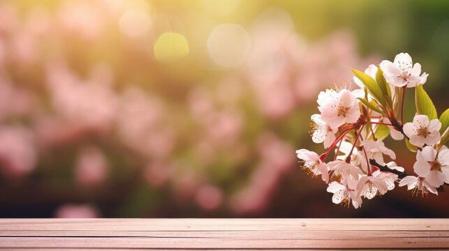 Flowers arrayed on a wooden table in a verdant garden, with blurred bokeh lights and a flare effect, Ai Generated