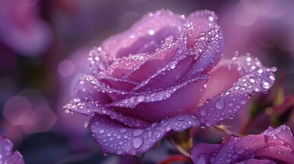 Isparta's legendary rose boasts a mesmerizing fusion of a thousand layers of lavender, accentuated by delicate water droplets, creating a breathtaking sight, Ai Generated.