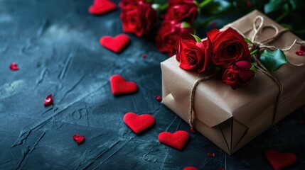 Gift box accompanied by a bouquet of fresh roses and celebratory red hearts set against a dark backdrop, Ai Generated