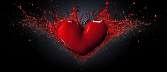 Red heart amidst a dynamic splash of liquid and droplets, Ai Generated