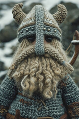 A depiction of a knitted Viking, complete with a helmet and a tiny ship.