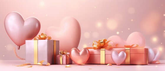 Heart balloons and ribbon-tied gift boxes celebrate love, Ai Generated