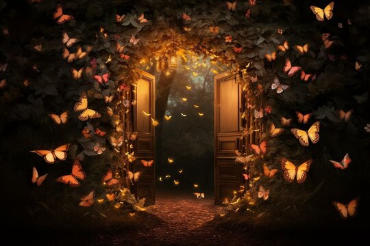 An image of a forest door with butterflies, lantern, and glowing entrance. Generative AI