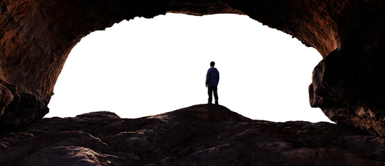 Adventure Man Hiker standing in Rocky Cave on top of a Mountain, Looking out. PNG Cutout. 3d...