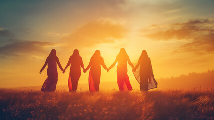 Silhouetted Women Holding Hands at Sunset