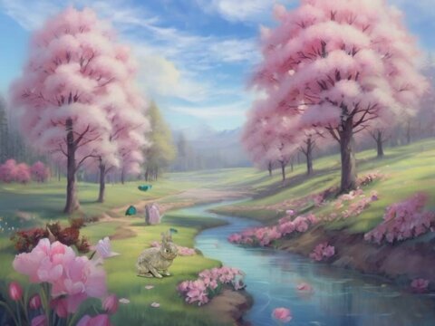 Spring Nature Scene in the garden there are small butterflies flying, frogs rabbits, birds flying, clouds moving.. seamless looping time-lapse animation video background. Generated AI
