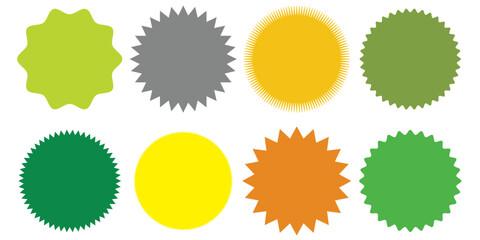 Set of vector starburst, sunburst badges. 8 different color. Simple flat style Vintage labels. Design elements. Colored stickers. A collection of different types and colors icon.1234 - obrazy, fototapety, plakaty