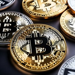 Fototapeta na wymiar Golden Bitcoin Coins: A Close-Up View of Digital Cryptocurrenc