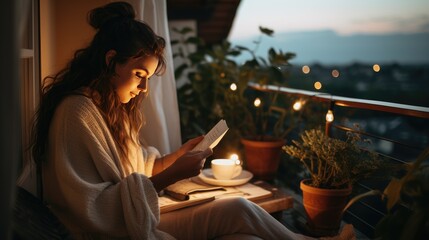 Young woman with expressive eyes reading old letter, lo-fi feeling of nostalgia, aesthetic balance between relaxation and city vibes