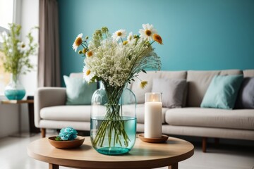 Interior home design of modern living room with flowers in vase on wooden table and turquoise wall background with space for text