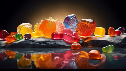 colorful candies jelly and marmalade over stone - obrazy, fototapety, plakaty
