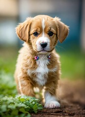 Golden Cute Puppy walk in grass
