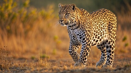 Leopard Photograph in Wildlife Landscape at Golden Hour - Savanna Animal