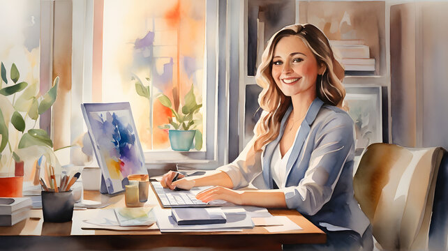 Radiant Success: Watercolor Portrait of a Smiling Businesswoman in office table - AI