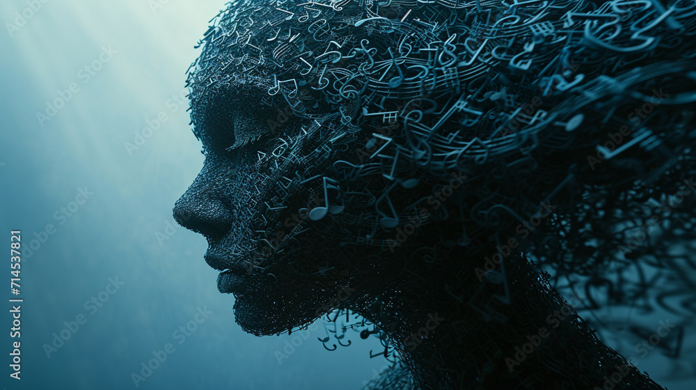 Poster a portrayal of a character whose silhouette is made of interwoven musical staves and notes, symboliz
