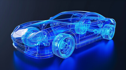 Fototapeta premium Sports car transparent Blue wire frame blueprints isolated on a black background. Front view of a sports car blue wireframe with transparent engine. Ambiance of blue wireframe sports car