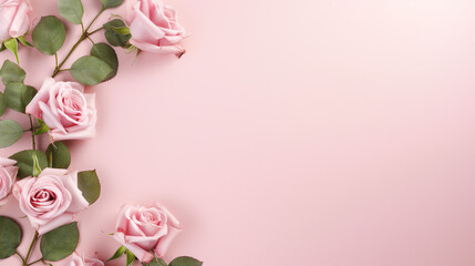 Fototapeta na wymiar Romantic Rose Flowers Banner on Pink Background, Capturing the Essence of Springtime Beauty with Green Leaves and Copyspace for Your Elegant Floral Designs and Romantic Celebrations