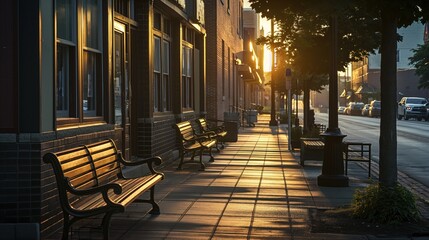 a sidewalk with some benches capturing the essence of urban tranquility at dawn