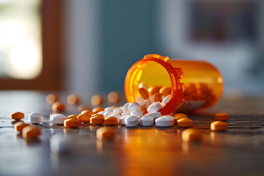 pills falling to the ground with an orange color prescription bottle
