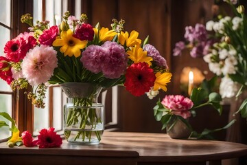  A radiant spring flower bouquet placed elegantly within a home interior.