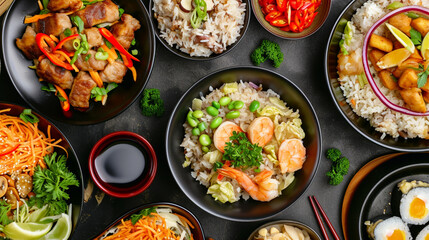 Top view composition of various Asian food in bowl . Ai Generative